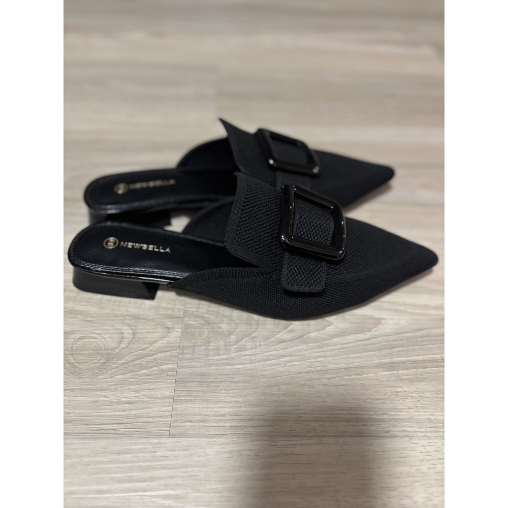 Newbella Black Knit Pointed Toe Mules Buckle Low Block Heel Loafers Womens 10 - Picture 4 of 5